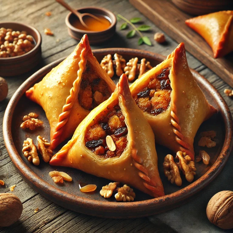 Diós-mazsolás samosa tálalva