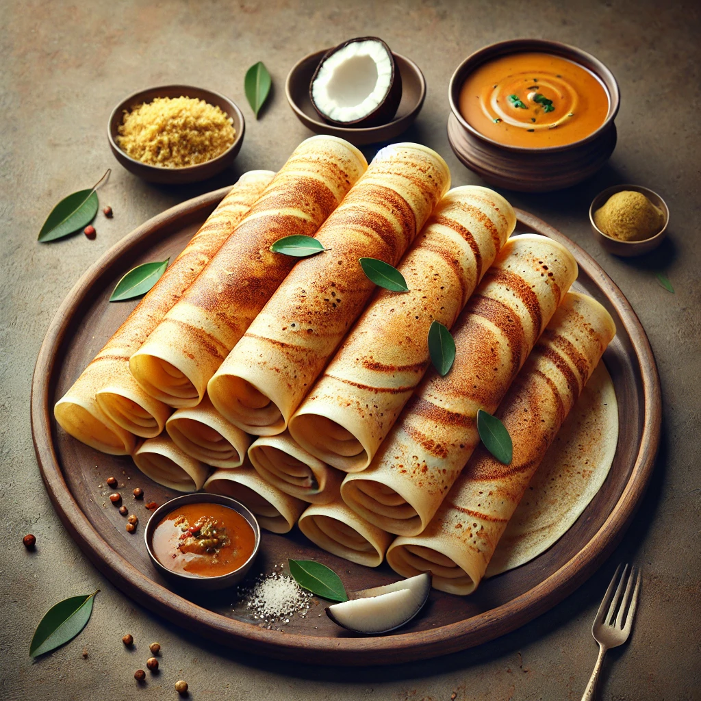 Hagyományos indiai dosa kókuszcsatnival és sambar-ral