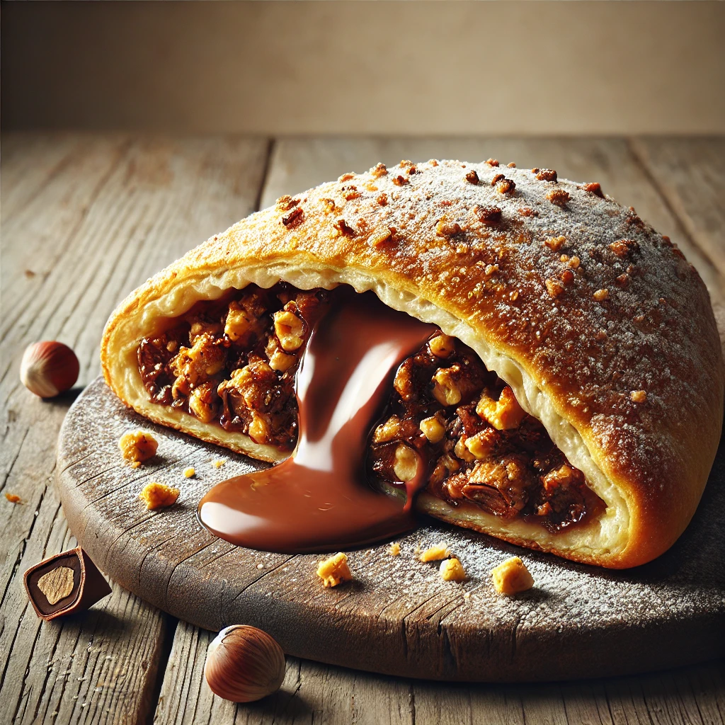 Csokoládéval és mogyoróval töltött, ropogós calzone