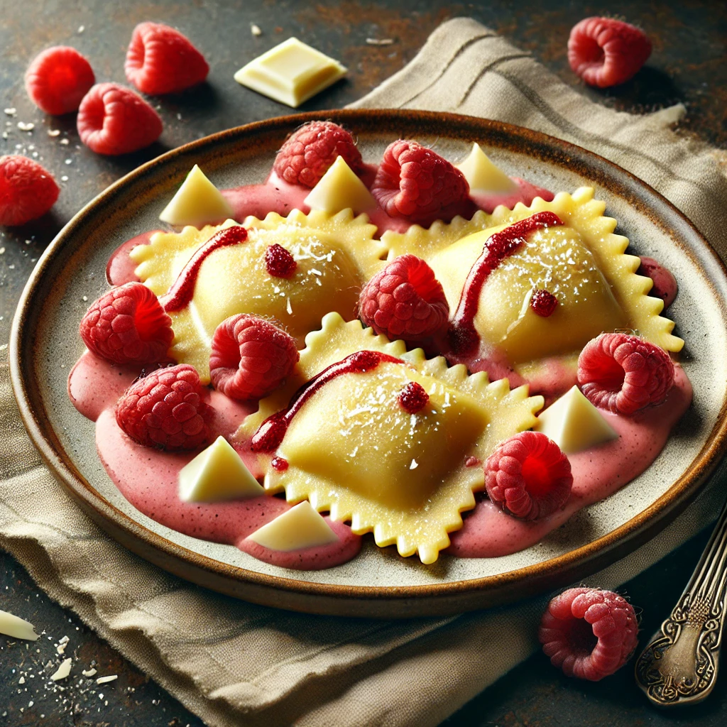 Krémes, gyümölcsös ravioli málnával és fehér csokoládéval töltve