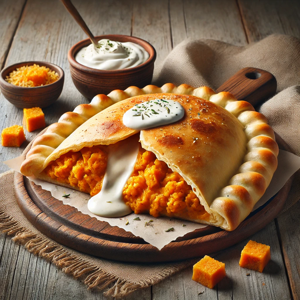Ropogós calzone édesburgonyával, tejföllel és sajttal töltve