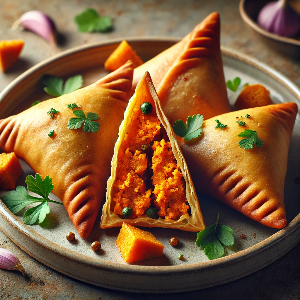Ropogós samosa édesburgonyás-fokhagymás töltelékkel