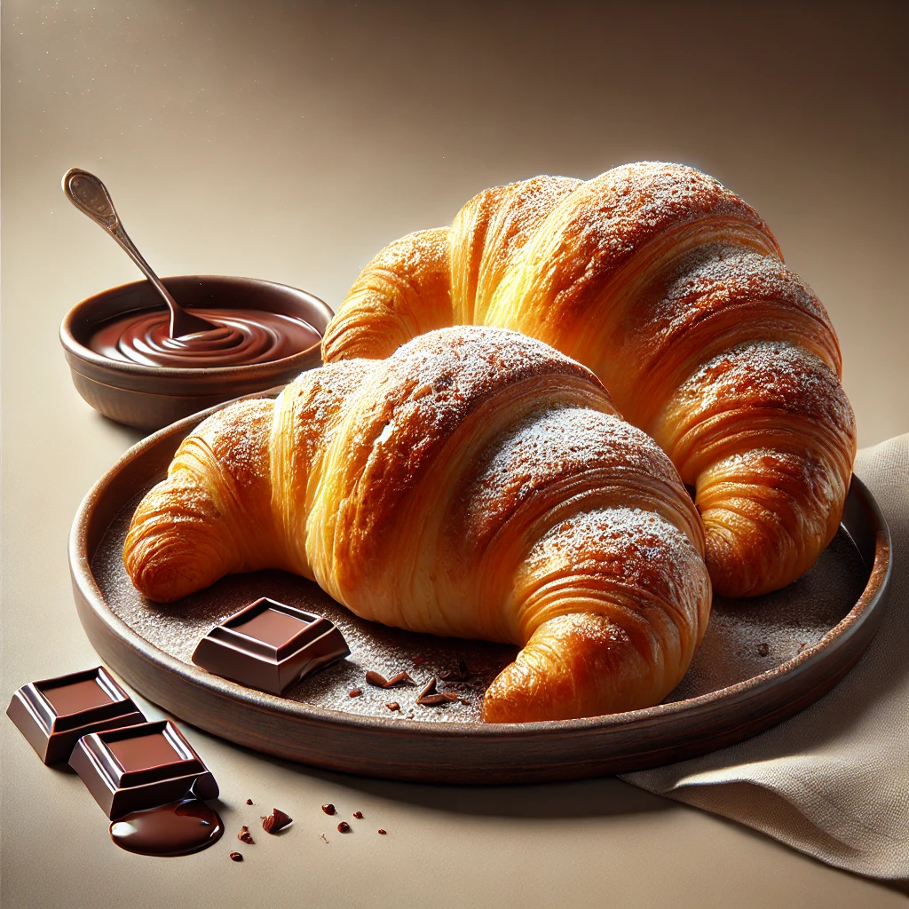 Frissen sült házi étcsokoládés croissant, tökéletes reggelire