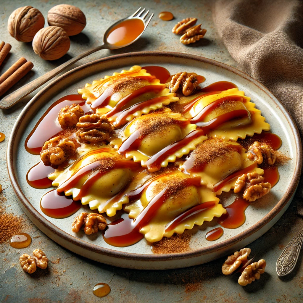 Krémes, fahéjas-karamellás ravioli mascarponéval és barnacukorral