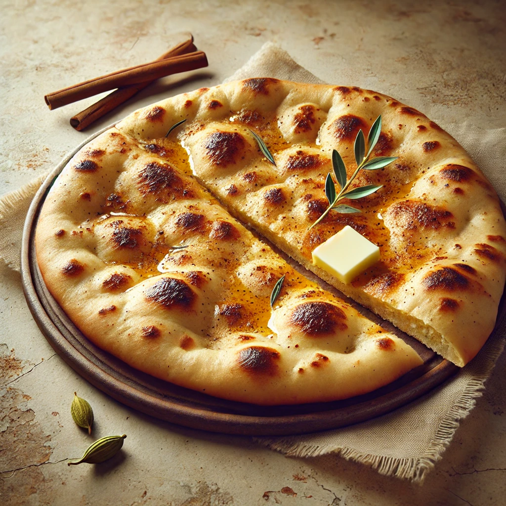 Meleg, fűszeres naan kenyér olvasztott vajjal megkenve