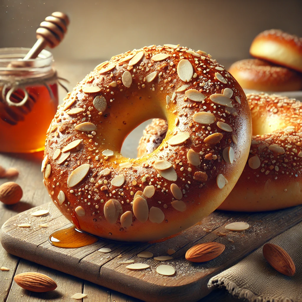Egyedi bagel fahéjjal, mézzel és mandulával