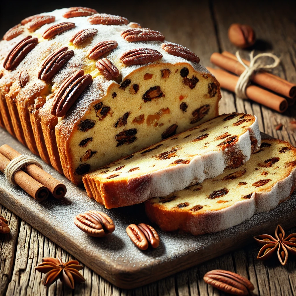 Házi készítésű fahéjas-pekándiós stollen ropogós dióval és mazsolával