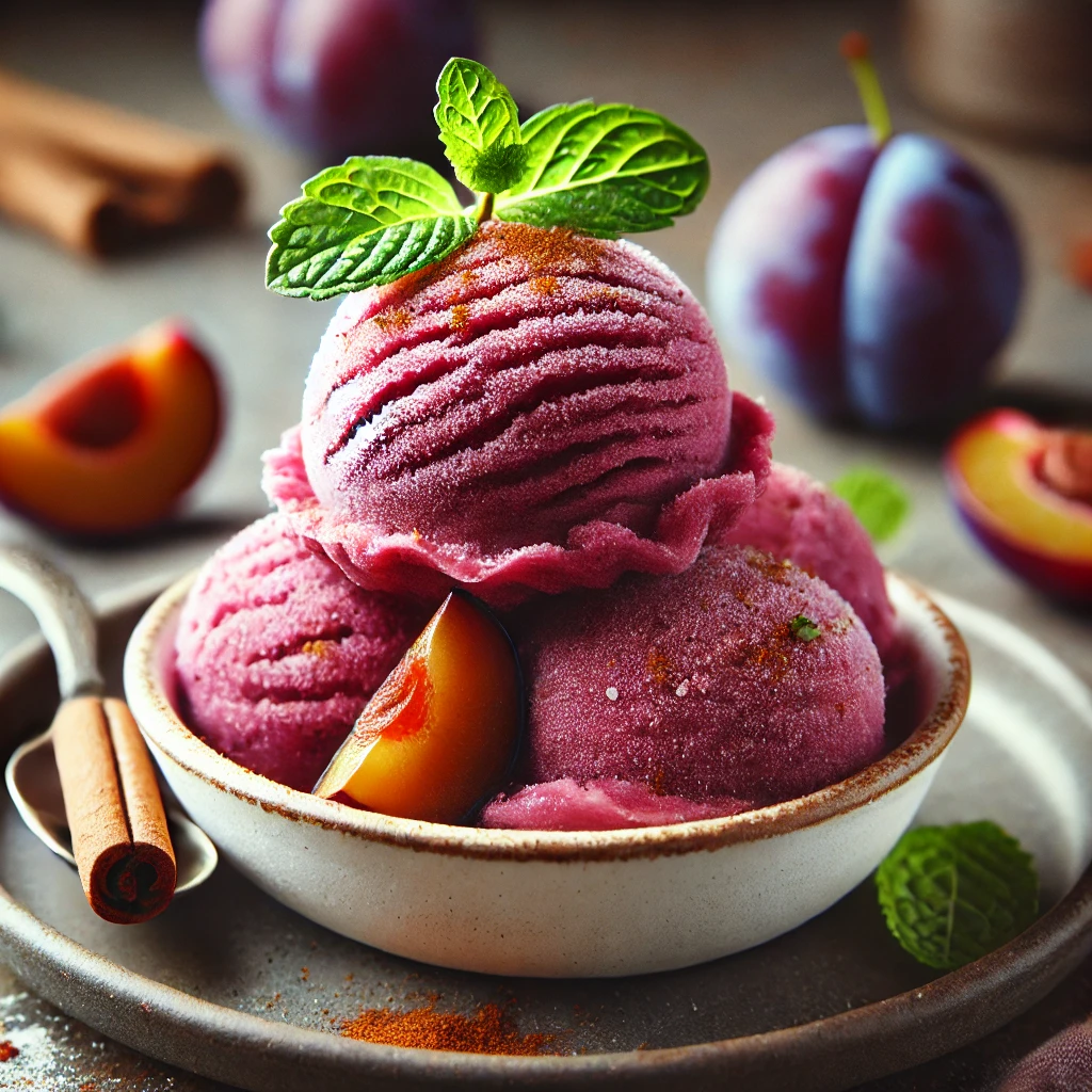 Friss, fűszeres és gyümölcsös házi készítésű fahéjas szilva sorbet