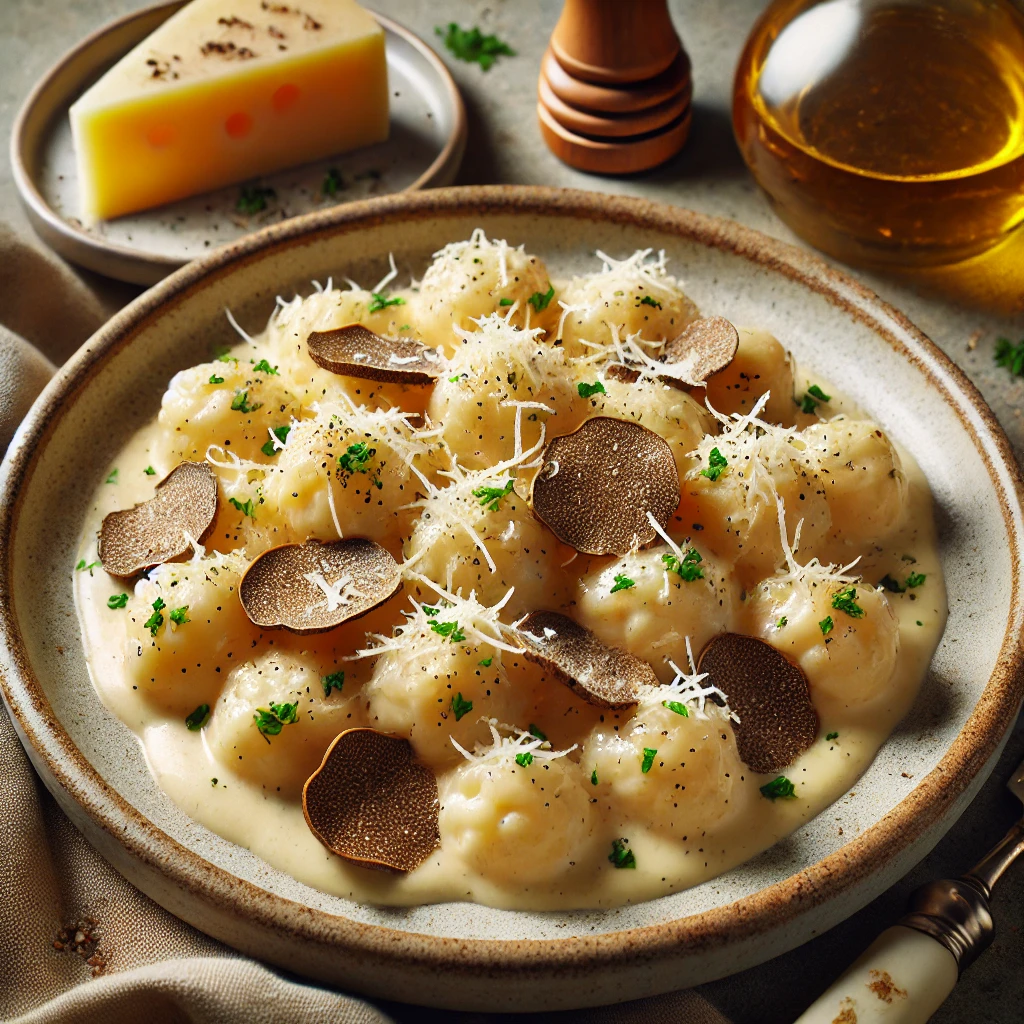 Krémes gnocchi fekete szarvasgombával és fehérboros sajtszósszal