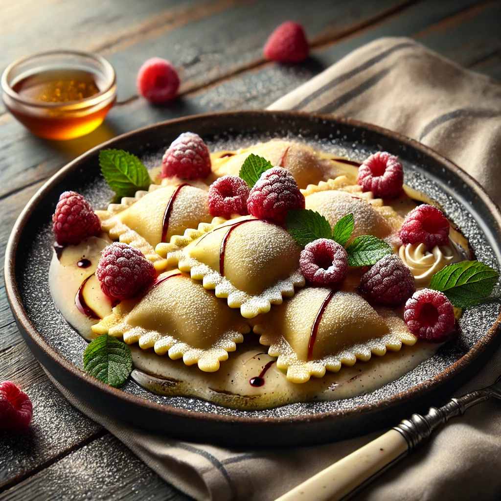 Házi készítésű ravioli fehércsokis-málnás töltelékkel, tejszínes mézes szósszal
