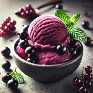 Friss, gyümölcsös és savanykás házi készítésű feketeribizli sorbet