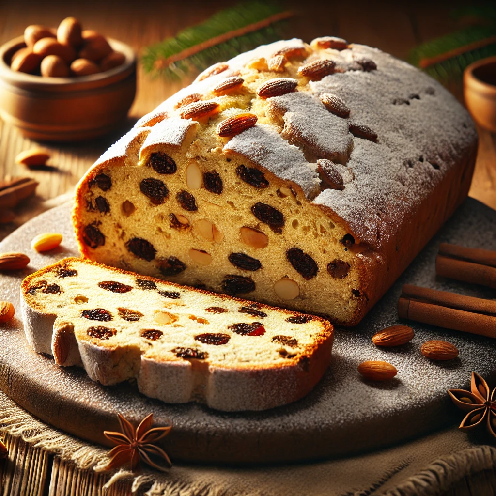Házi fenyőmagos stollen pirított magvakkal és mazsolával, rusztikus tálalásban