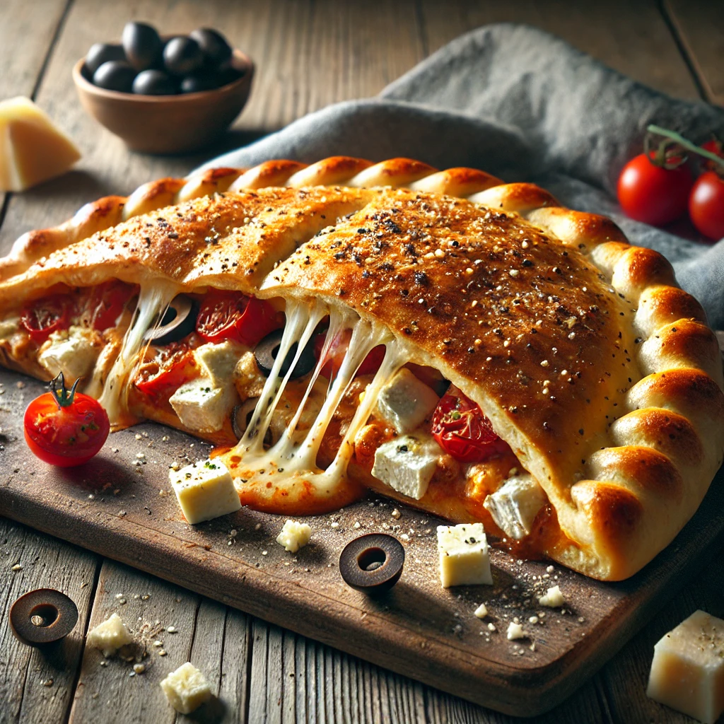 Ropogós calzone feta sajttal, paradicsommal és olívabogyóval töltve