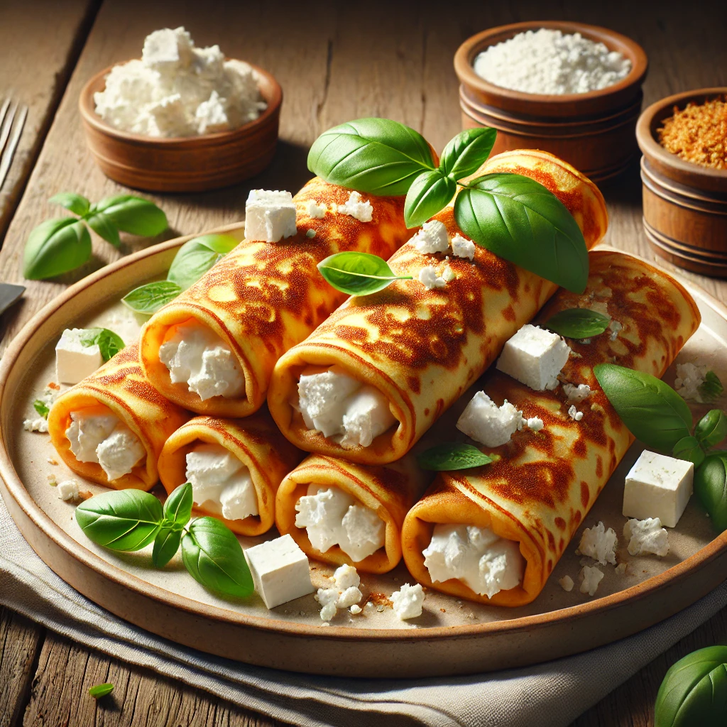 Krémes és ízletes sós palacsinta feta sajttal és bazsalikommal