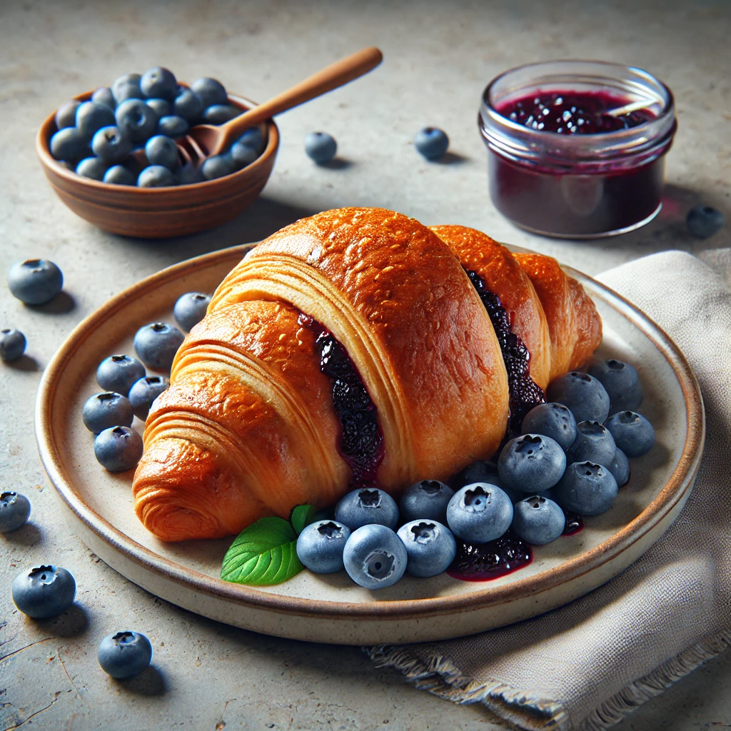 Áfonyalekvárral és friss áfonyával töltött, aranybarna croissant