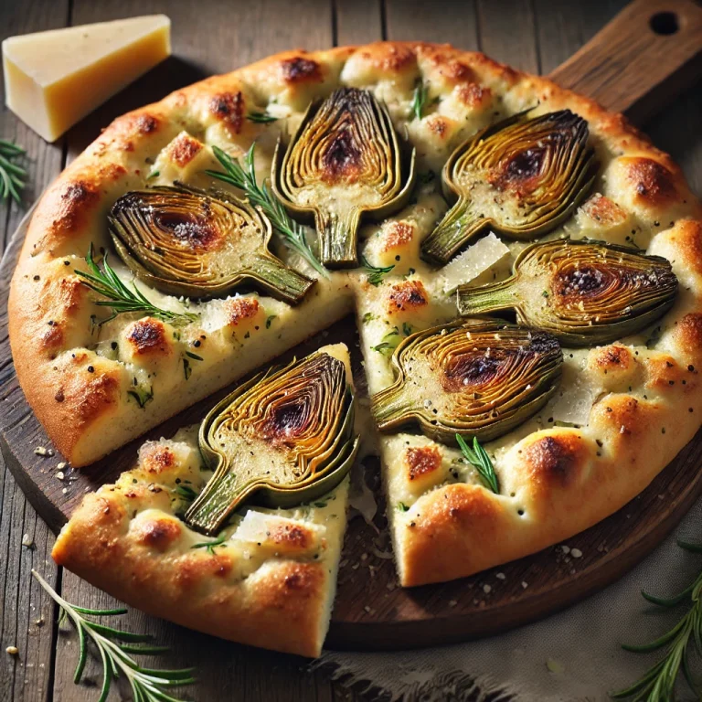 Focaccia grillezett articsókával és parmezánnal tálalva
