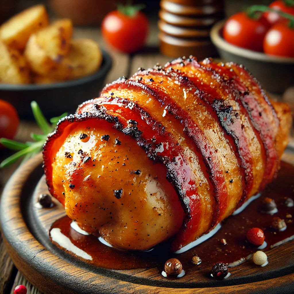 Szaftos, füstös BBQ csirke baconbe tekerve, lassan sütve