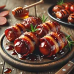 Füstölt BBQ csirkemáj baconbe tekerve tálalva