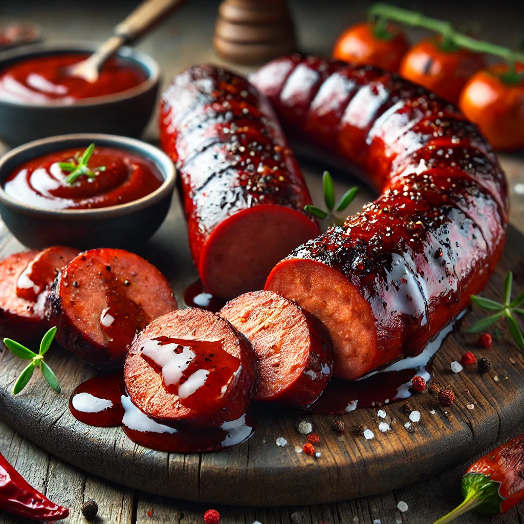 Szaftos, füstös BBQ kolbász chipotle szósszal, lassan sütve