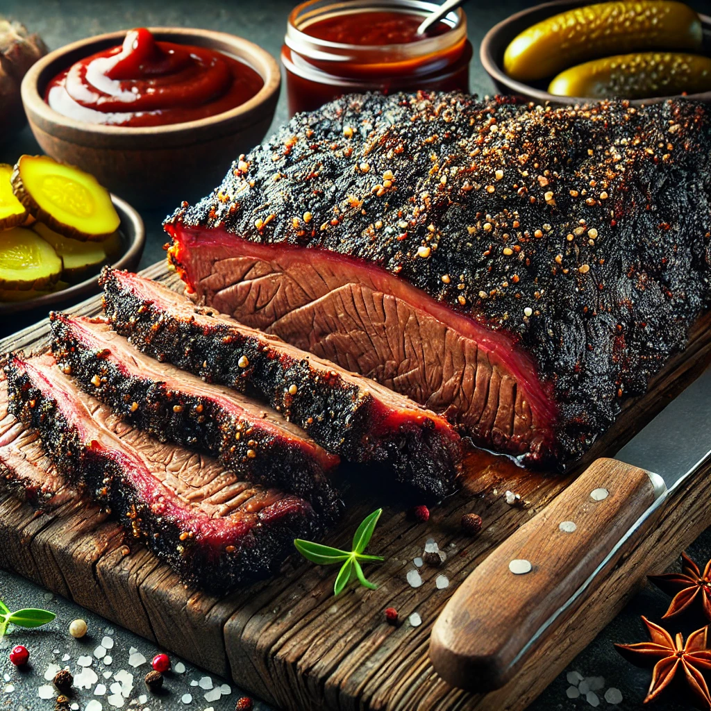Szaftos, füstös BBQ marhaszegy fekete borsos kéreggel, lassan sütve