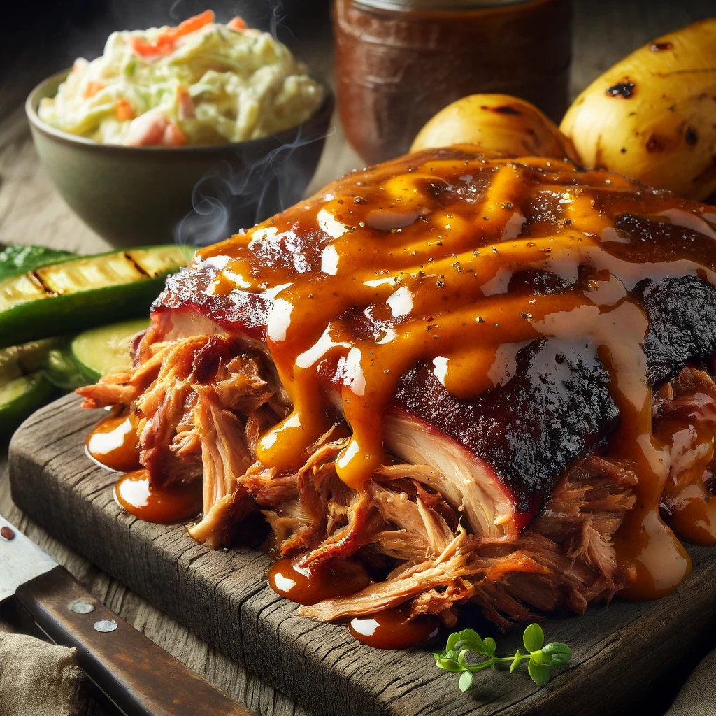 Szaftos, füstös BBQ pulled pork mustáros szósszal, lassan sütve