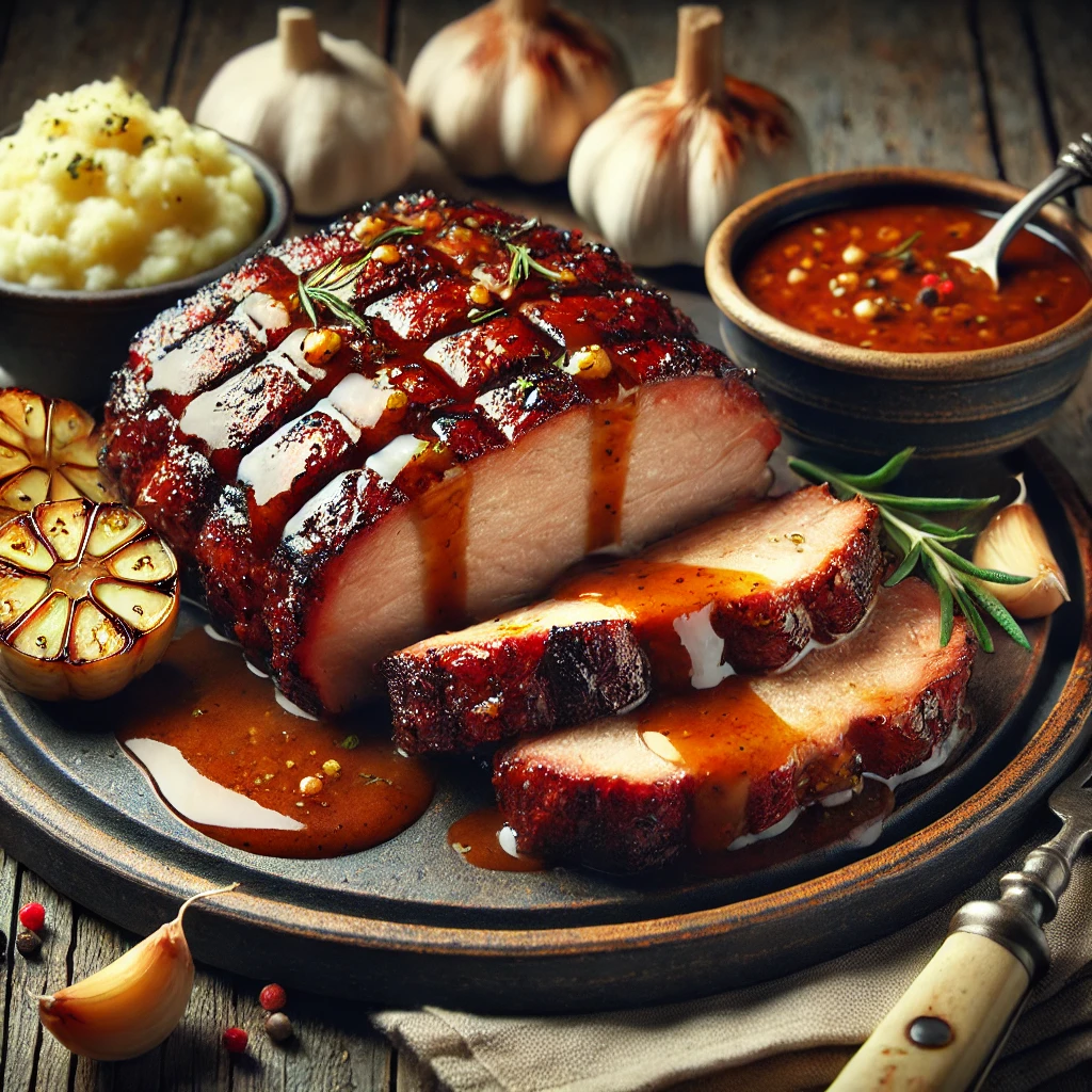 Szaftos, füstös BBQ sertéskaraj fokhagymás szósszal, lassan sütve