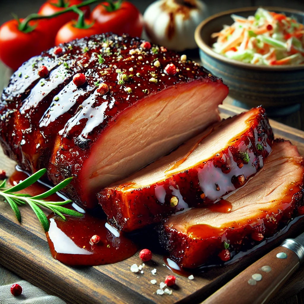 Szaftos, füstös BBQ sertéstarja, édes-chilis mázzal sütve