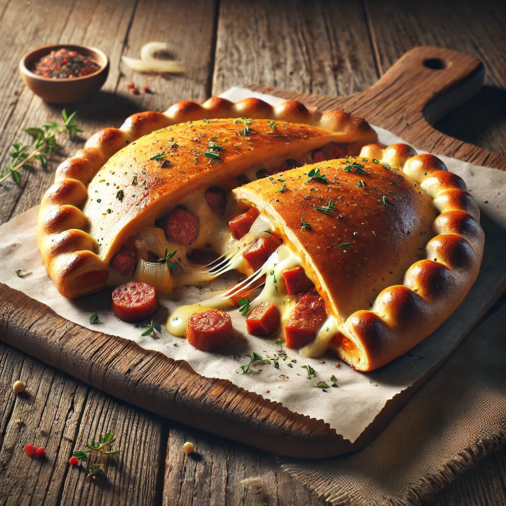 Gazdag és füstös ízvilágú kolbászos calzone