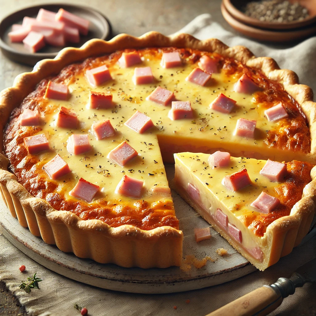 Gazdag ízvilág füstölt sajttal és sonkával egy aranybarna quiche-ben