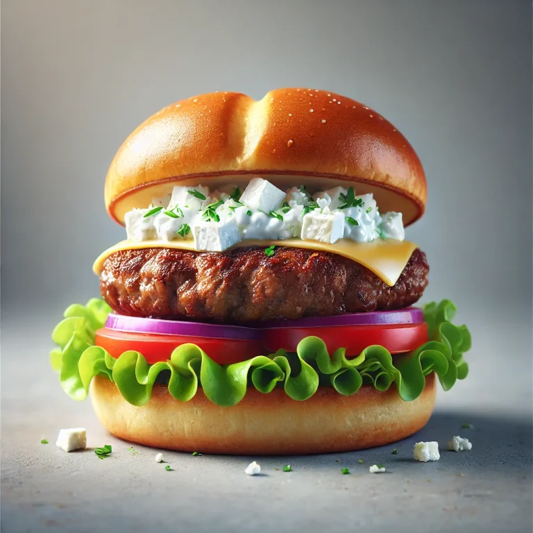 Frissen készült görög hamburger fetával és tzatzikivel