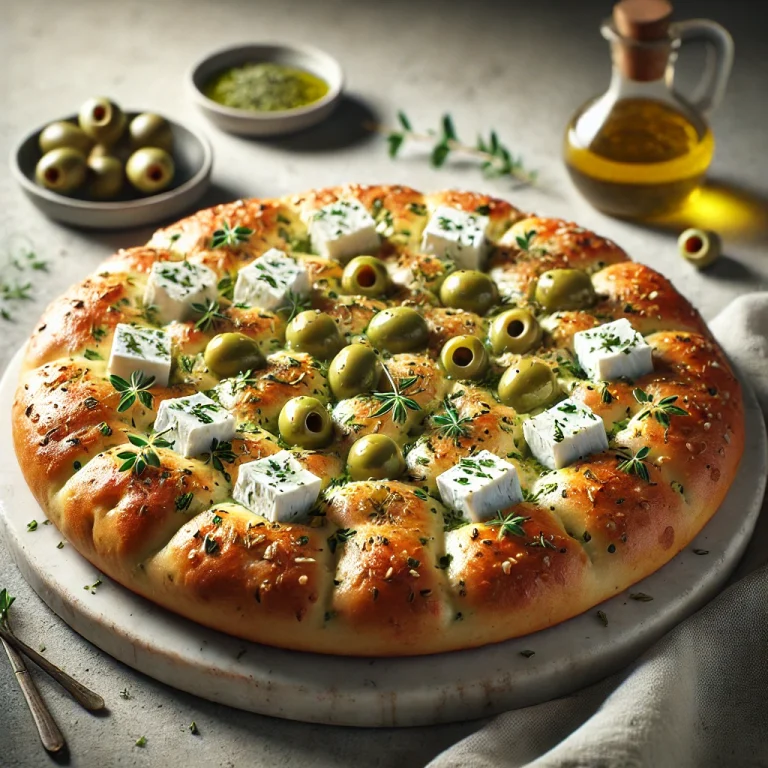 Görög fetás és olívás focaccia tálalva