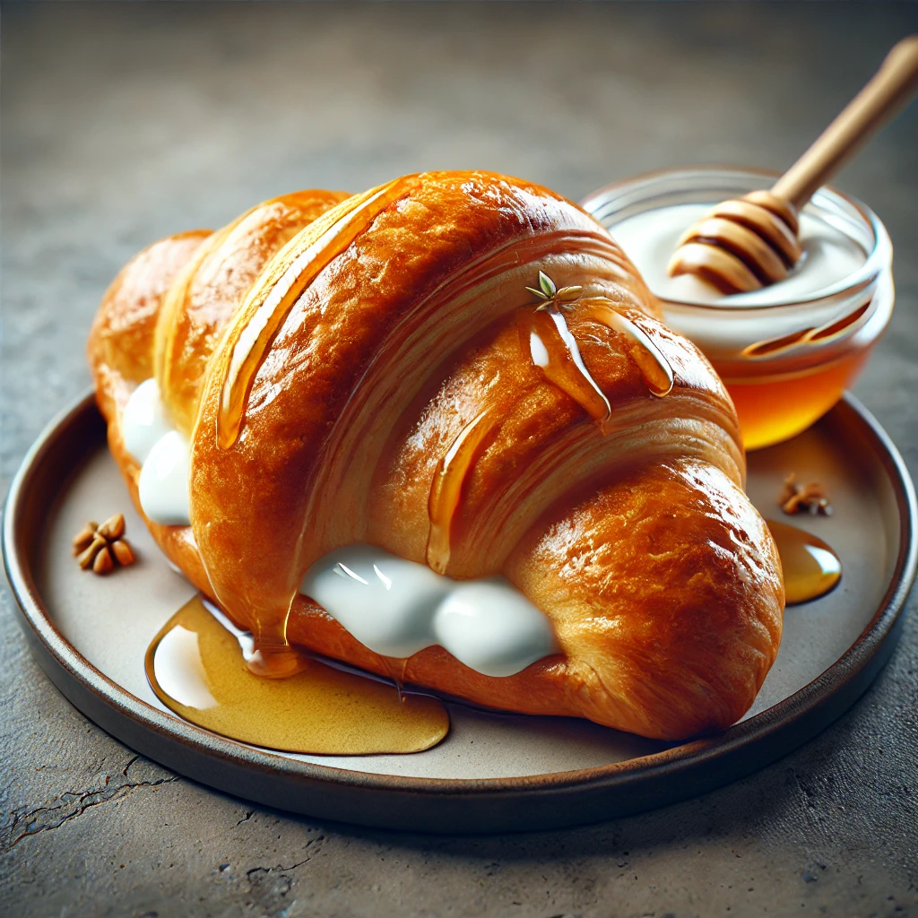 Görög joghurttal és mézzel töltött, aranybarna croissant
