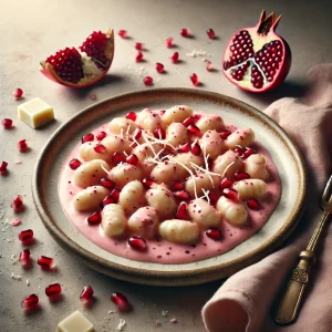 Édes gnocchi recept rózsavizes-gránátalmás mártással és fehércsokoládéval