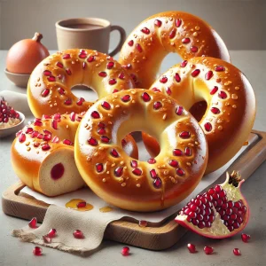 Puha, mézes bagel gránátalmamagokkal díszítve