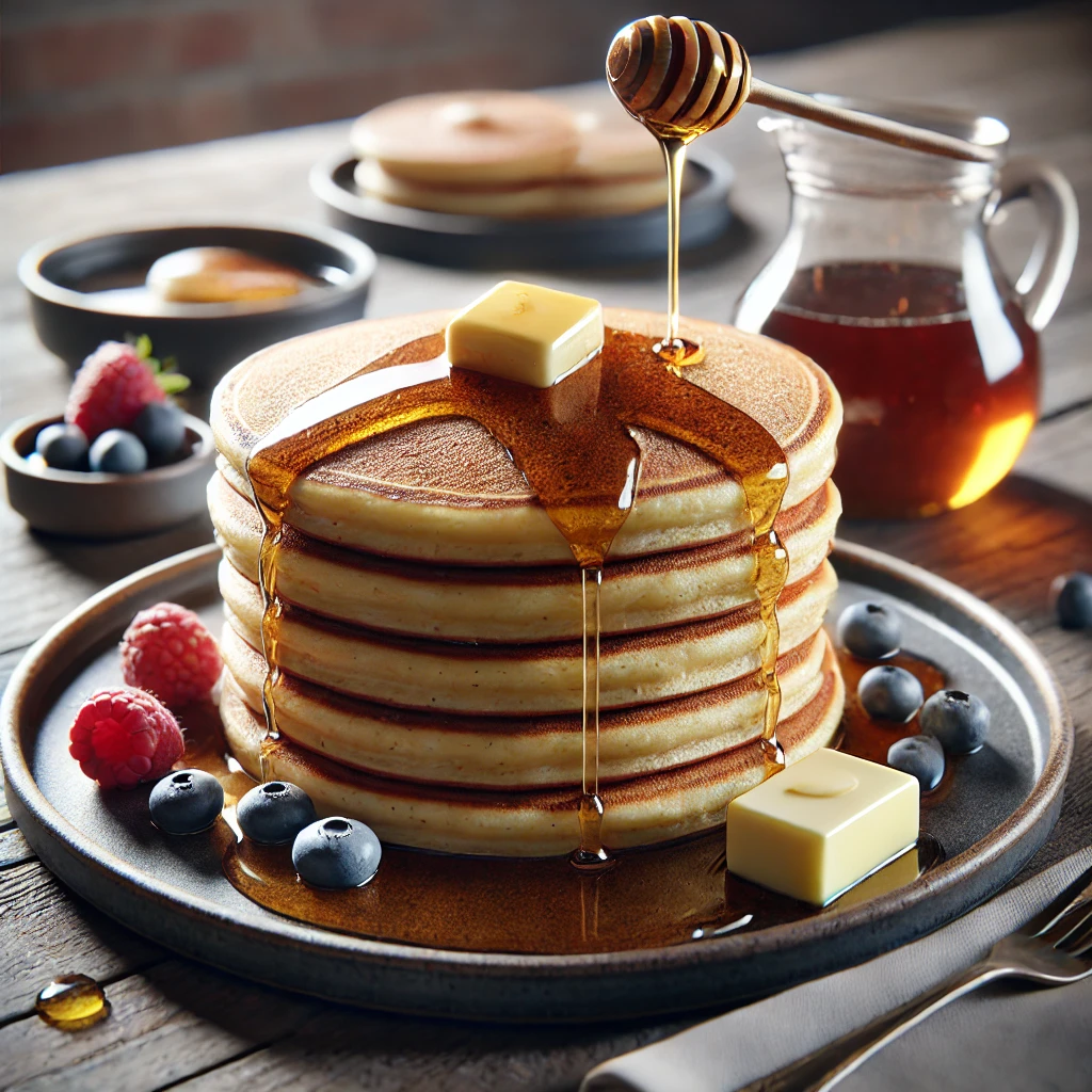 Hagyományos amerikai griddle cake vajjal és juharsziruppal