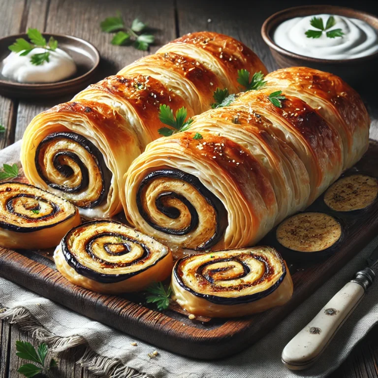 Grillezett padlizsános burek tálalva