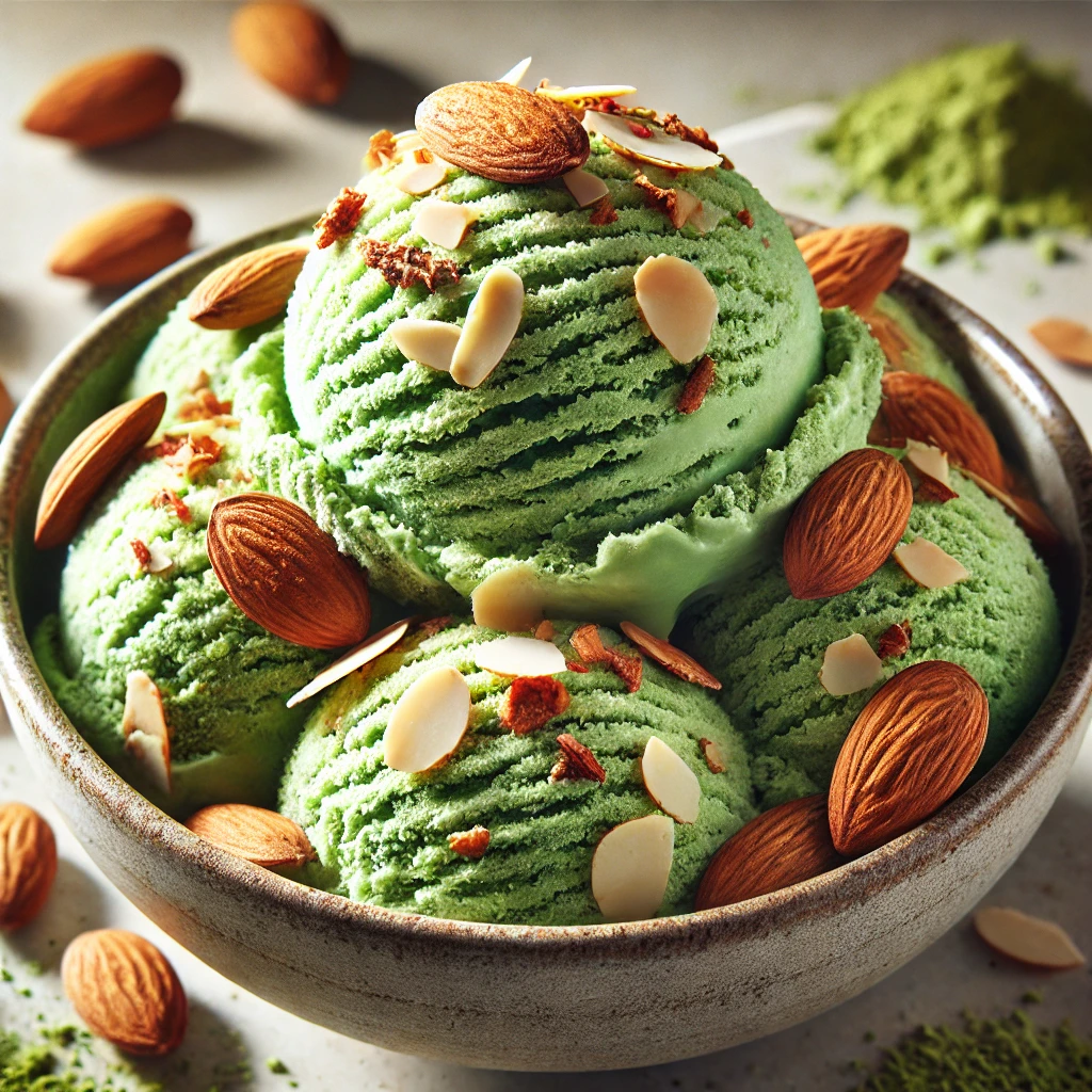 Krémes matcha fagylalt pirított mandulával díszítve