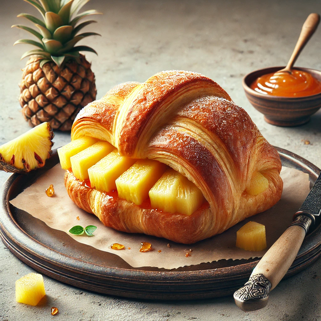 Ananászlekvárral és friss ananászdarabokkal töltött, aranybarna croissant