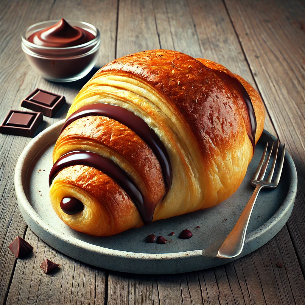 Étcsokoládéval és mandulaliszttel készült, aranybarna croissant