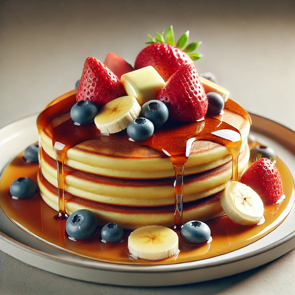 Puha és vastag hotcake juharsziruppal és friss gyümölcsökkel