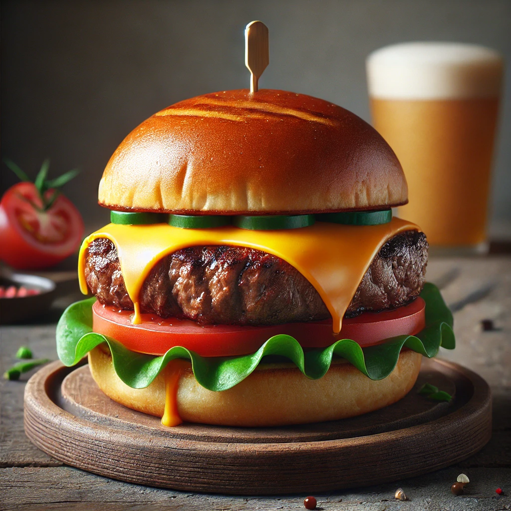 Steak alapú burger cheddar sajttal és friss zöldségekkel