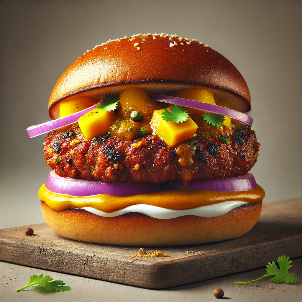 Házi készítésű, currys és mango chutney-s indiai stílusú burger