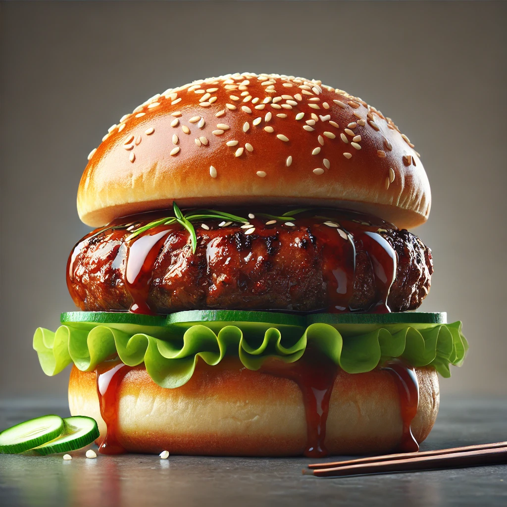 Házi készítésű, teriyaki mázas és wasabis ázsiai hamburger