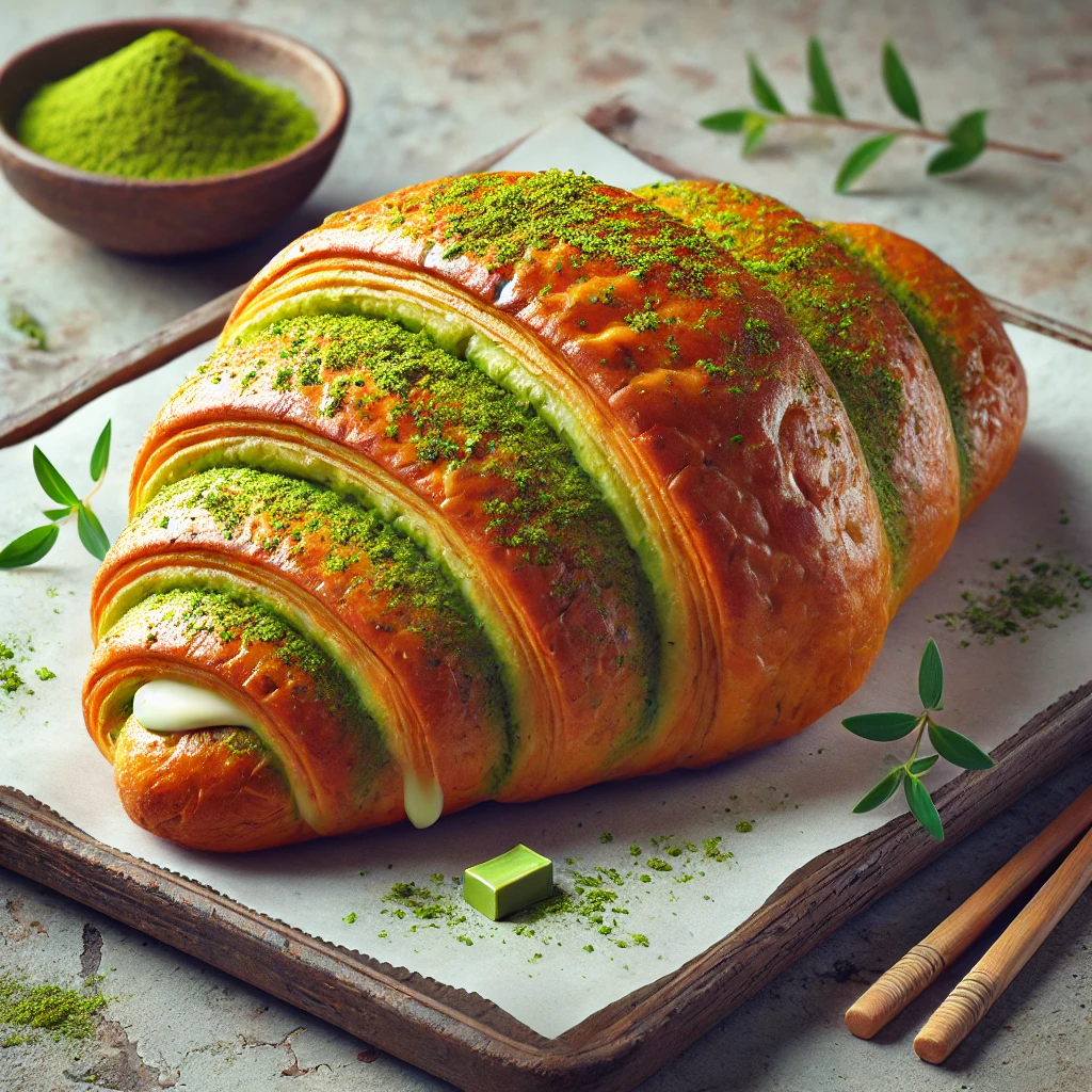 Matchával és fehércsokoládéval töltött, aranybarna croissant