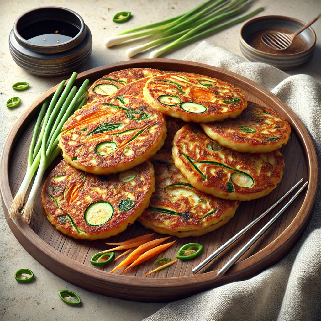 Hagyományos koreai Jeon friss zöldségekkel és szójaszószos mártogatóval