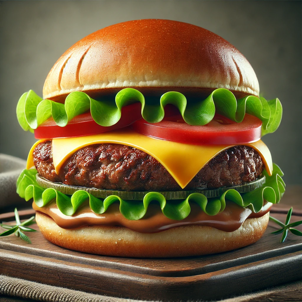 Szaftos kacsahúsból készült hamburger cheddar sajttal