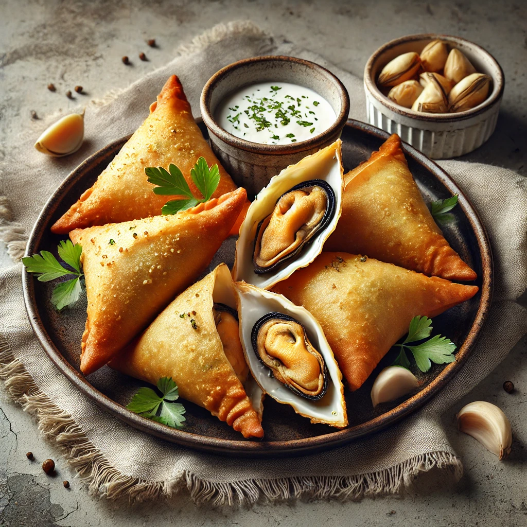 Ropogósra sült samosa tengeri kagylós töltelékkel