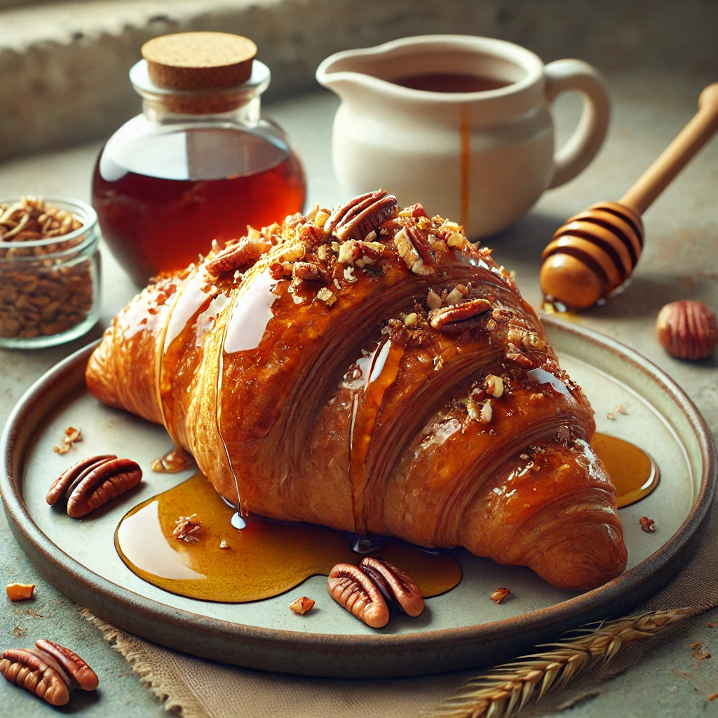 Juharsziruppal és pekándióval töltött, aranybarna croissant