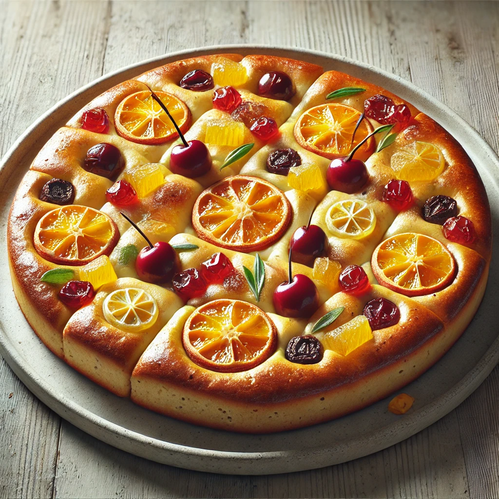 Friss kandírozott gyümölcsös focaccia ínycsiklandó falatokkal