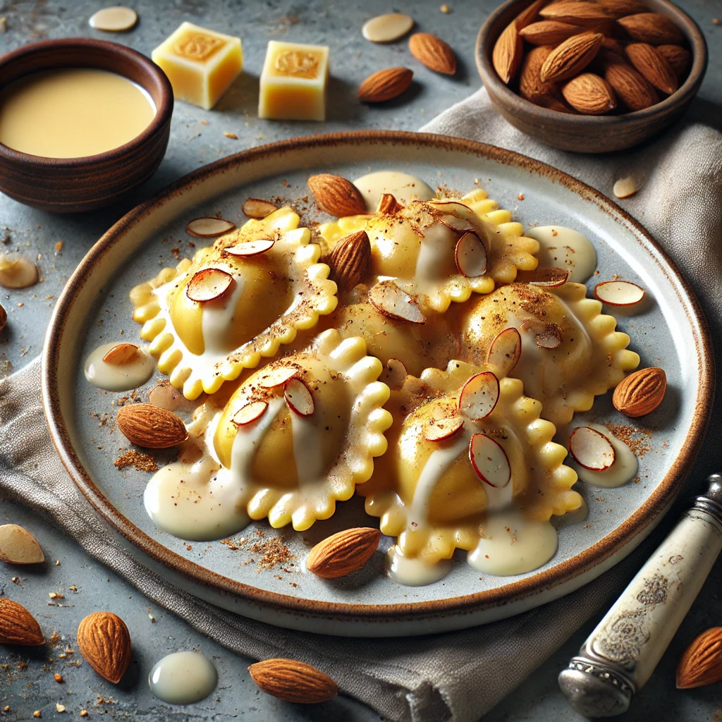 Krémes, kandírozott mandulás ravioli fehér csokoládéval